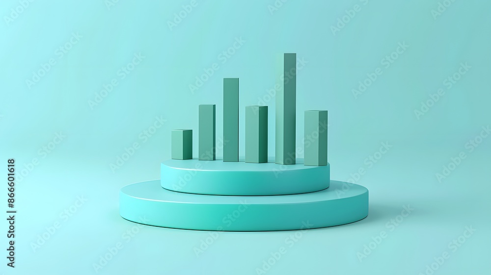 Poster minimalist blue 3d bar chart on a round pedestal with a plain background, representing data visualiz