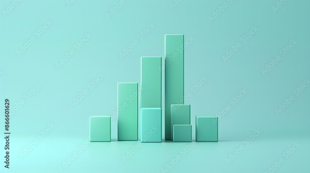 Poster minimalist cyan 3d bar chart graph representation with geometric shapes on a matching colored backgr