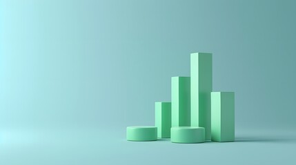 Minimalist green 3D bar chart on pastel background representing data visualization, growth statistics, or financial analysis.