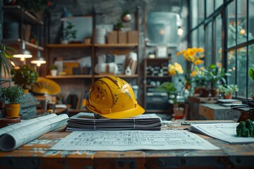 Construction Plans and a Yellow Hard Hat