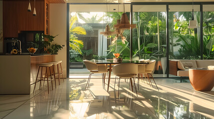 Obraz premium Sleek modern dining room bathed in natural light, featuring a stylish glass table, designer chairs, and a stunning view of the tropical outdoors..