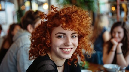 Fototapeta premium Smiling young woman with vibrant curly hair in a cozy cafe setting. Portrait style image highlighting natural, lively beauty. Ideal for lifestyle and social themes. Vibrant and upbeat atmosphere. AI