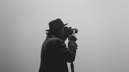 The essence of photography embodied in a black and white image of a photographer against a white background, evoking a sense of artistic purity.