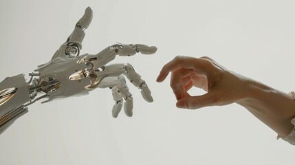 White cyborg robotic hand pointing its finger to a human hand with a stretched finger on a white background.