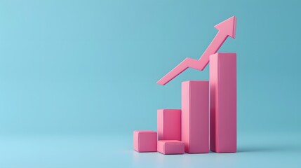 Pink bar graph with upward arrow on blue background symbolizes business growth and success in a minimalist design.