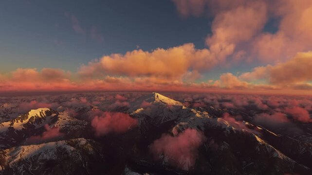 Sunset aerial view of Mount Elbrus in Kabardino-Balkarian Republic. Russia