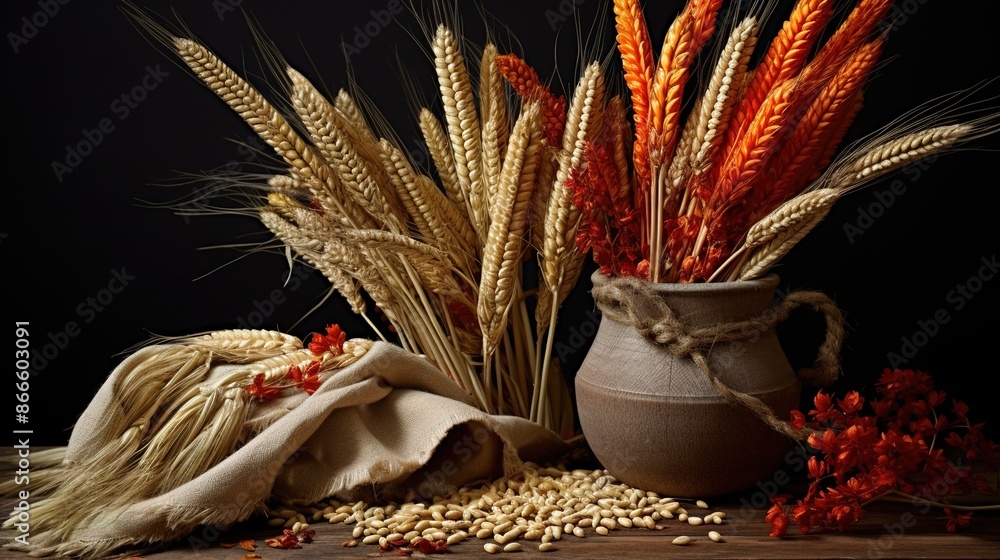 Wall mural still life with bread and wheat