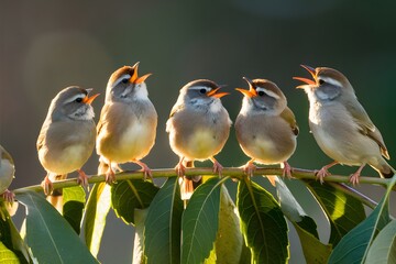Small birds on leafy branch, engaged in lively chatter