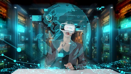 Businesswoman selecting dynamic market data analysis rotated world graph monitor by VR global innovation interface digital infographic network technology visual hologram animation server. Contraption.