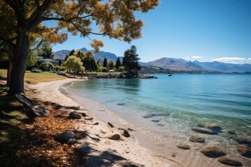Wanaka, New Zealand, Roy's Bay Beach, perfect for picnics and swimming., generative IA