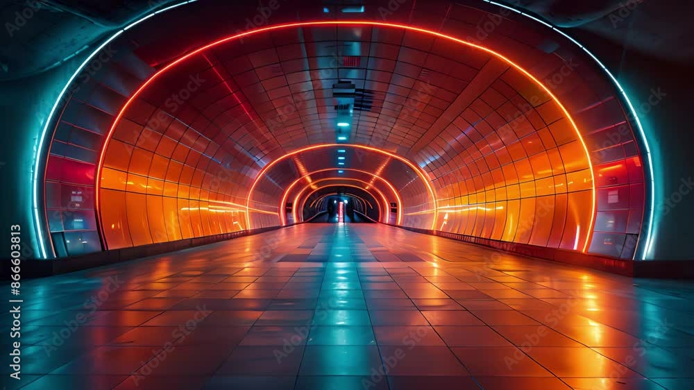 Poster An empty tunnel is illuminated by bright neon lights. The walls are lined with a grid of orange panels, while the ceiling features a blue neon arc. The floor is tiled and reflects the neon light.