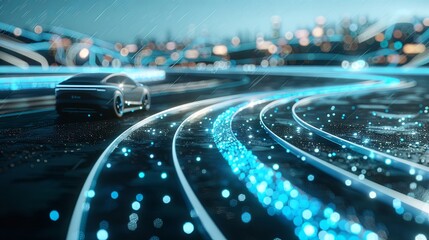 Electric cars driving on digital information highway, futuristic science fiction concept