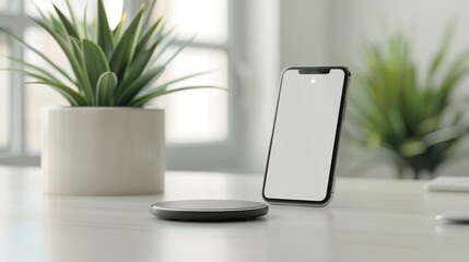 A phone sits on a table next to a plant