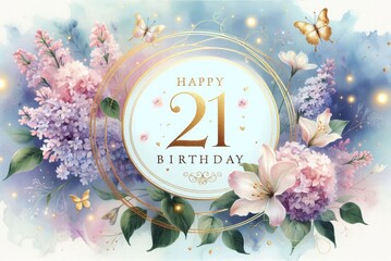 Elegant 21st birthday card with floral elements, golden accents, butterflies, and soft pastel colors