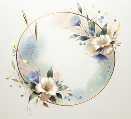 Elegant floral wreath with soft pastel flowers and golden accents over a white background.