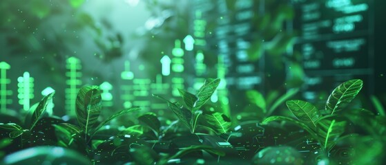 Global finance with green energy icons, digital rendering, soft natural light