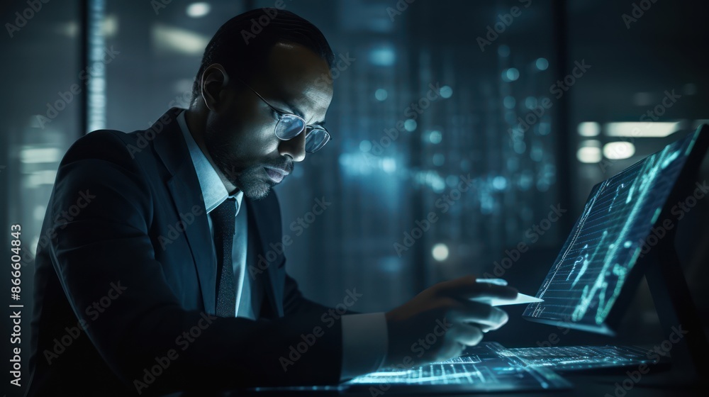 Poster man working on futuristic touchscreen interface