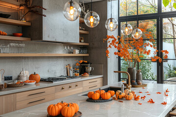 Modern kitchen interior decorated for fall with orange pumpkins, autumn home decoration