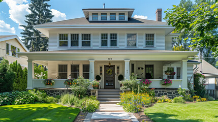 American House with Garden (Foursquare Style). Architecture Exterior with Windows. Residential Building (one family). Real Estate. Suburban Residence. 