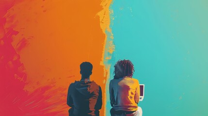 Silhouettes Facing Fiery Sunset and Cool Ocean Abstract