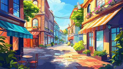 Naklejka premium Alleyway Shops Coffee Stores Buildings Doors Urban Scene Cartoon Style Background Street Cityscape Vector Art Design Illustration