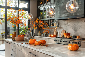 Modern kitchen interior decorated for fall with orange pumpkins, autumn home decoration