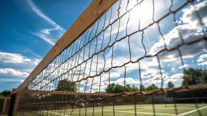 Obraz premium Sunlit Tennis Court with Net and Blue Sky in the Background on a Bright Summer Day