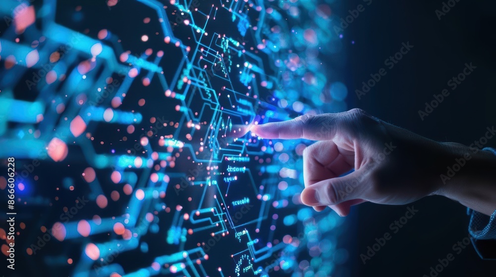 Poster hand interacting with futuristic digital data network interface