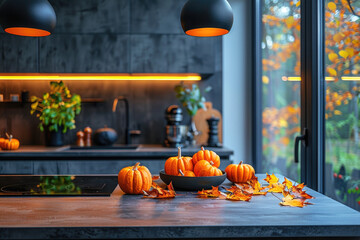 Modern kitchen interior decorated for fall with orange pumpkins, autumn home decoration