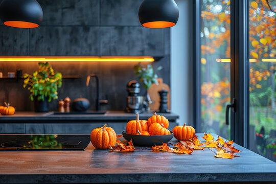 Modern kitchen interior decorated for fall with orange pumpkins, autumn home decoration