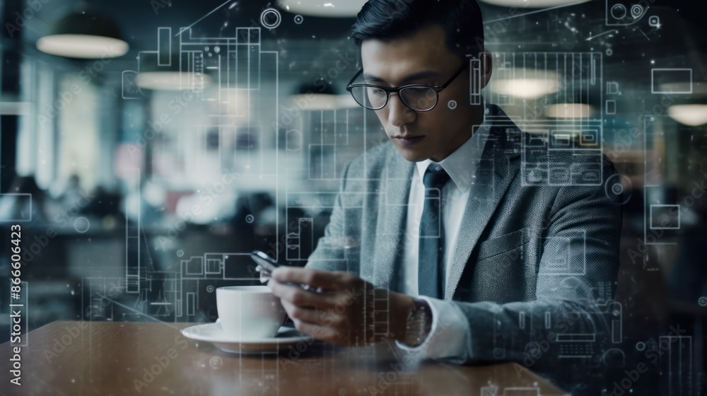 Poster businessman using smartphone with digital interface in cafe