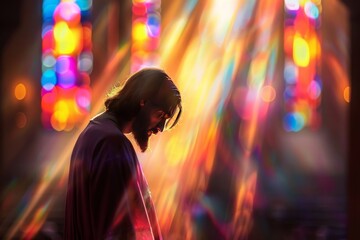 Obraz premium Close-Up of Jesus Christ Statue in Church Illuminated by Vibrant Sunlight Through Stained Glass