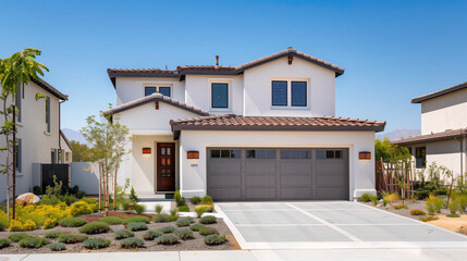 Fototapeta premium Spanish House with Garden. Architecture Exterior with Windows. Residential Building (one family). Real Estate. Suburban Residence. 