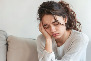 Sad woman with hand on her face, feeling tired and upset while sitting on a couch