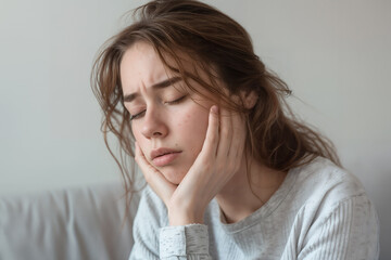 Young woman feeling unwell, holding her face with both hands while sitting indoors