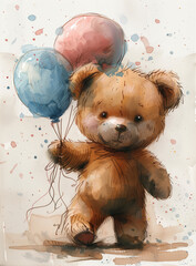 Cute teddy bear holding blue and pink balloons, in pastel colors in the style of clipart with a white background, watercolor art for a baby birthday party.