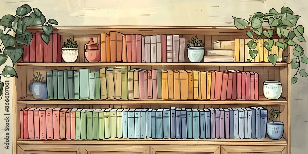 Aufkleber handdrawn style bookshelf with colorful bindings and various books displayed. concept books, bookshe