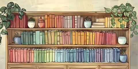 Handdrawn style bookshelf with colorful bindings and various books displayed. Concept Books, Bookshelf, Hand-drawn, Colorful, Home Decor