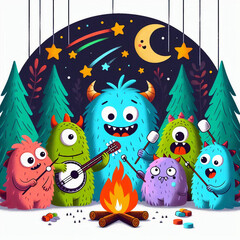Naklejka premium Fuzzy Campfire monsters Playing with guitar and enjoying time