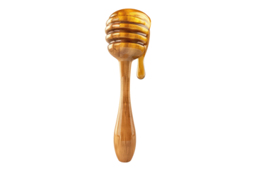Honey dripping from a wooden honey dipper isolated on transparent background