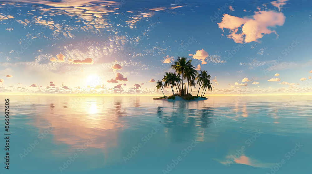 Wall mural Tropical island with a palm tree at sunset. HDRI, environment map , Round panorama, spherical panorama, equidistant projection, panorama 360, seascape, 3d rendering. - Wall murals
