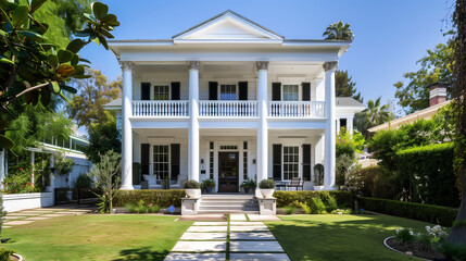 American House with Garden (Greek Revival). Architecture Exterior with Windows. Residential Building (one family). Real Estate. Suburban Residence. 