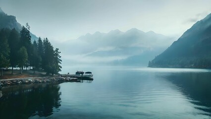 薄い霧に包まれた船着き場のある湖