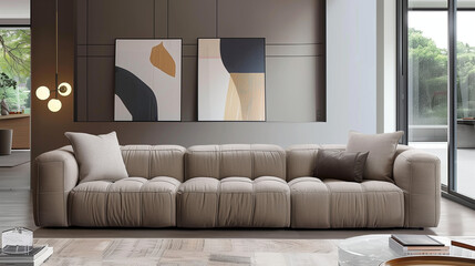 modern, rectangular sofa with a boxy design and soft cushions