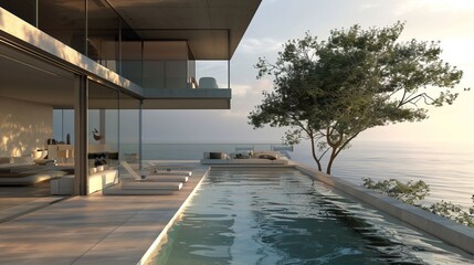 Modern luxury beachfront villa with a stunning sea view at sunset. Elegant contemporary architectural design featuring sleek lines. Ideal for vacation, relaxation, and coastal living. AI