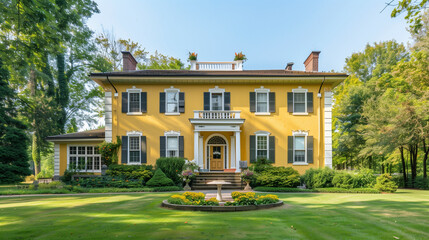 Fototapeta premium Italianate House with Garden. Architecture Exterior with Windows. Residential Building (one family). Real Estate. Suburban Residence.