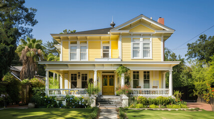 Italianate Style House with Garden. Architecture Exterior with Windows. Residential Building (one family). Real Estate. Suburban Residence.