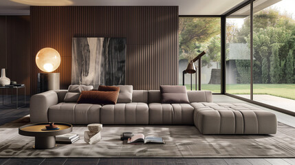 modern, rectangular sofa with a boxy design and soft cushions