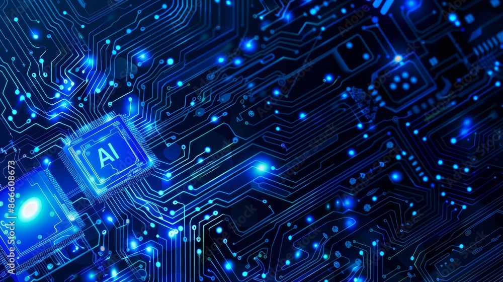Poster light blue neon ai chip with thin circuit contact lines. ai chip on technology background. abstract 