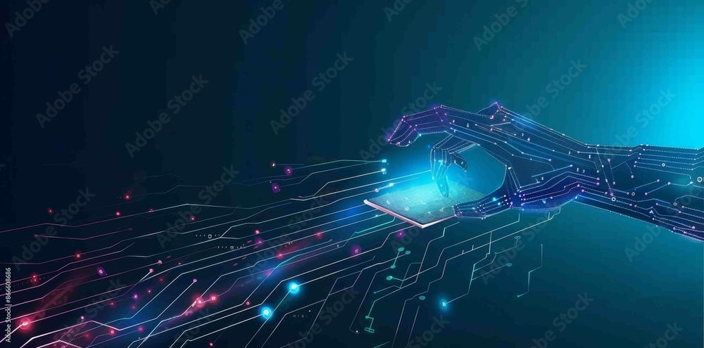 Poster an abstract digital ai chip in the hand of a humanoid. an ai processor in a hand. technology innovat